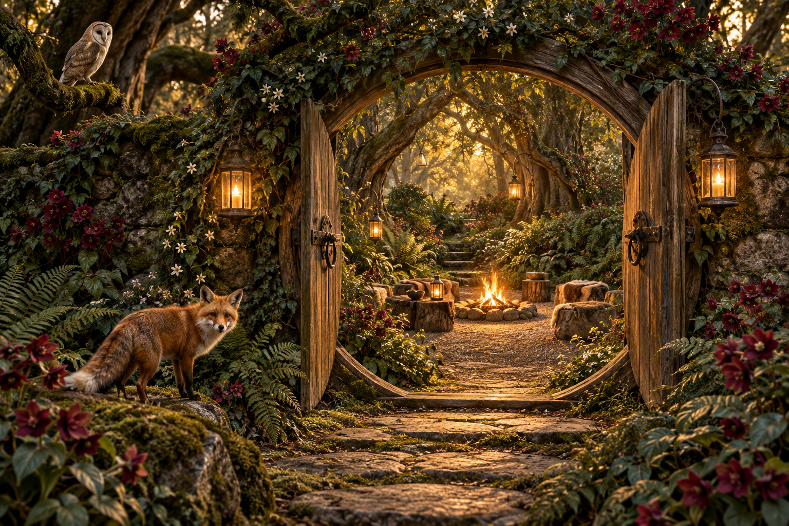 An open Sacred Garden gate with a fox, owl and lantern-lit council fire