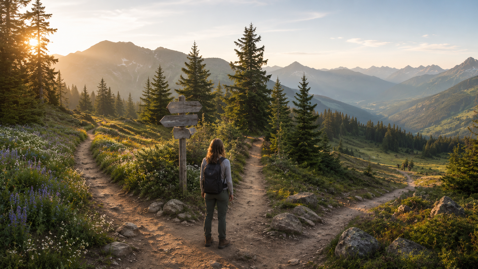 A woman pauses at a three-way mountain trail junction, considering three inviting paths.