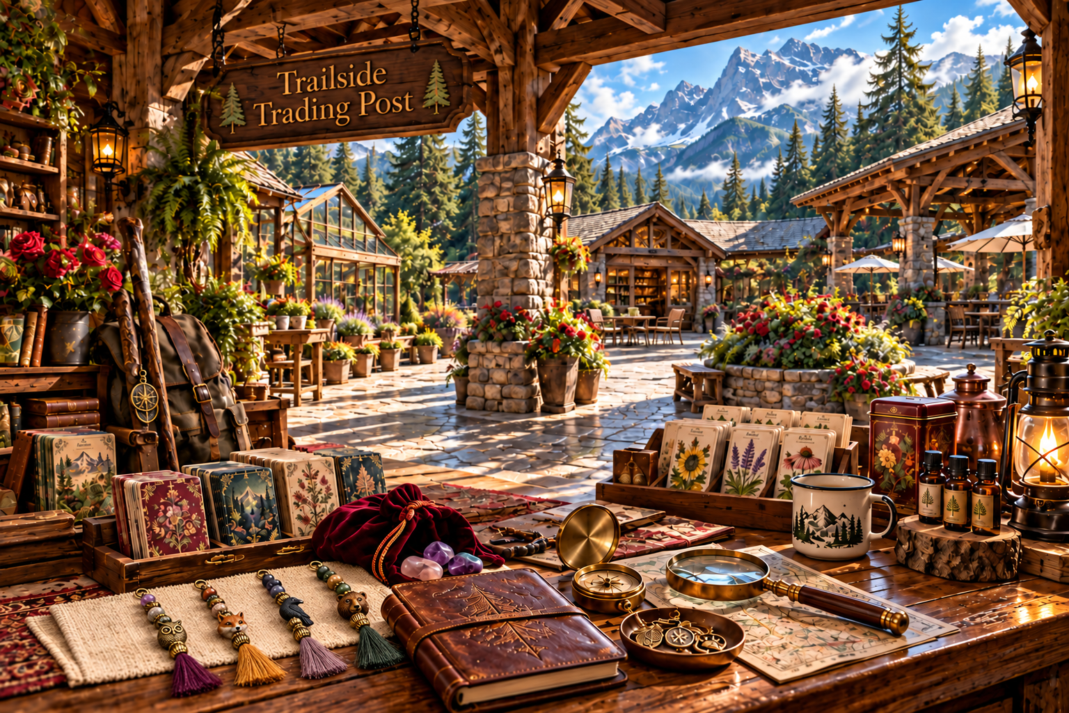 Trailside Trading Post with animal bead strands and tassels, journals and treasures overlooking the Sacred Garden Village Common.