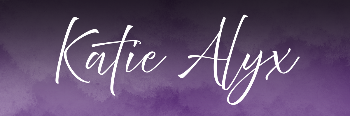 Logo with Katie Alyx written in script over a purple and black background