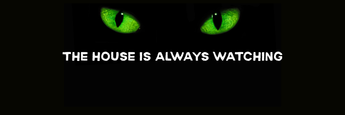 Two eyes with text: The house is always watching