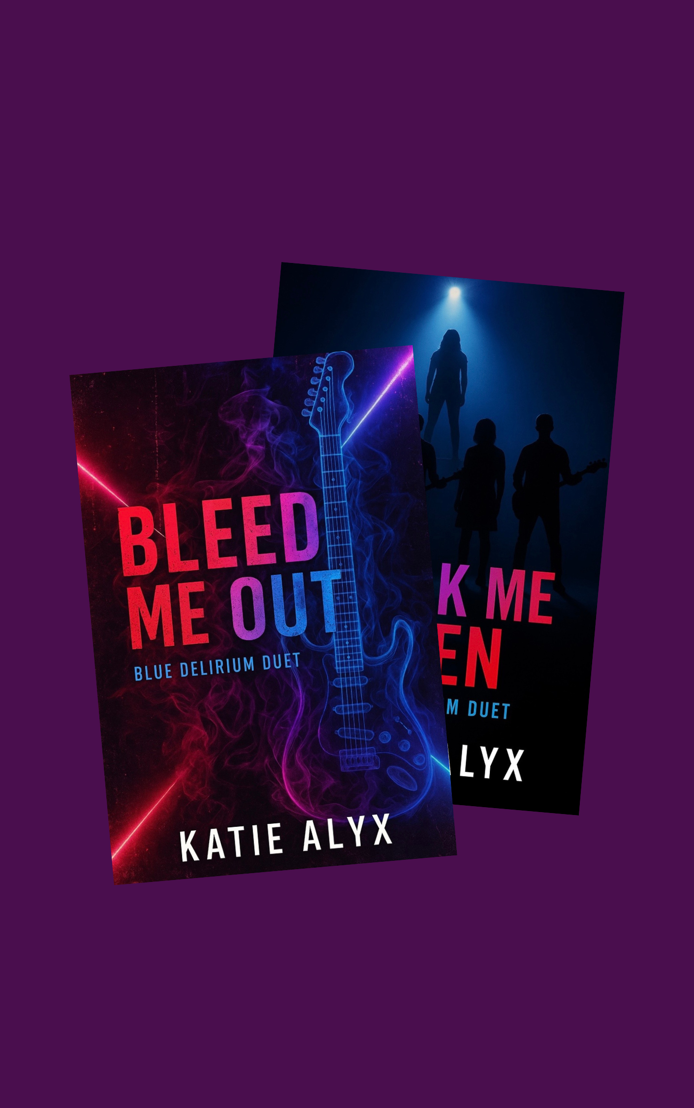 Bleed Me Out and Break Me Open book covers overlapping on purple background