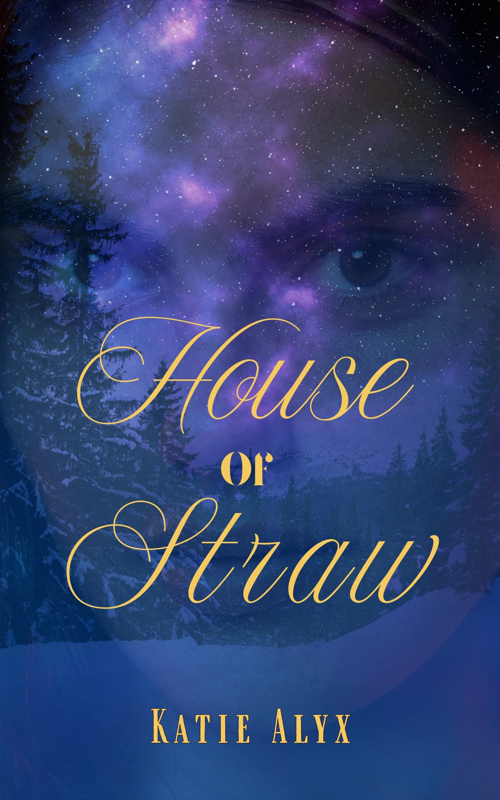 House of Straw Cover: Script over a dark snowy forest with the image of a transparent woman's face staring out from the forest.