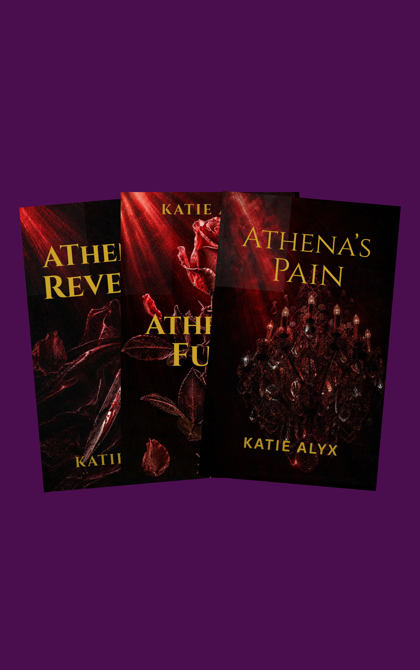 Athena's Pain, Athena's Fury, and Athena's Revenge book covers overlapping on purple background
