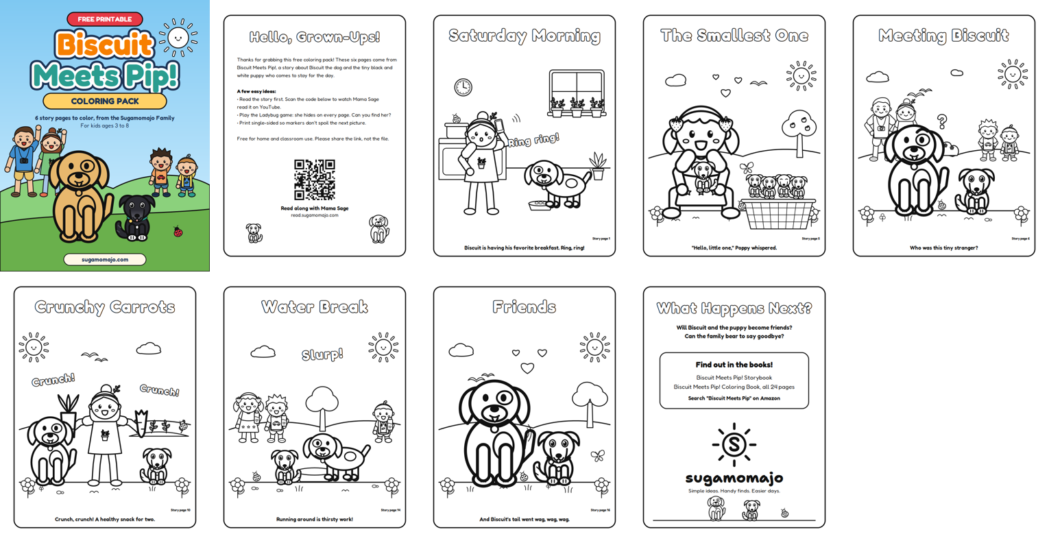 The nine pages in the free Biscuit and Pip coloring pack