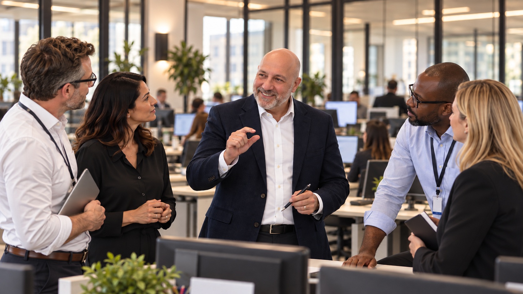 Andre Malowney in conversation with four colleagues on an open-plan office floor