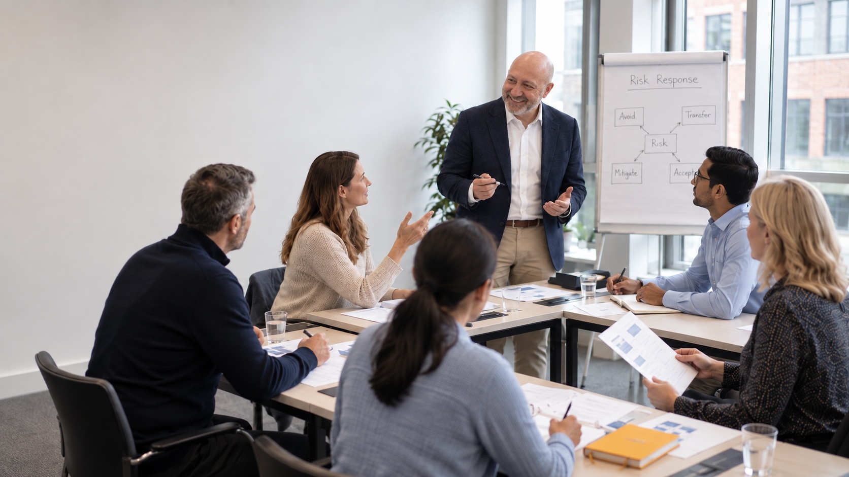 Andre Malowney leading a classroom session at a flipchart showing a risk response diagram, with five learners seated around tables