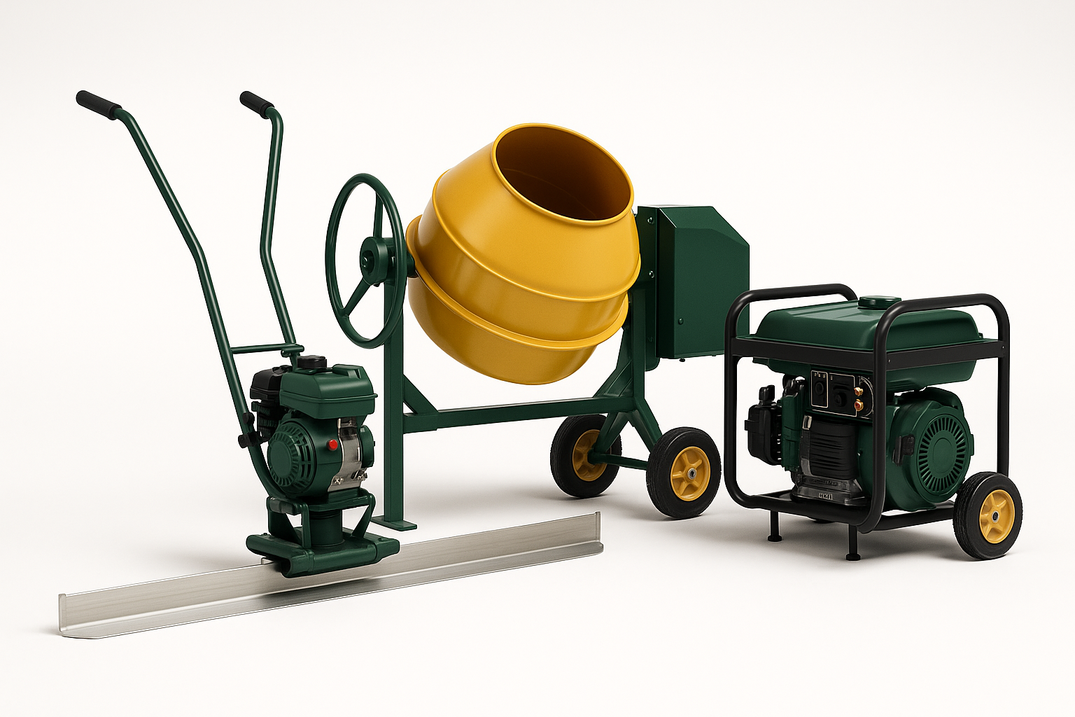 Equipos de construcción disponibles para alquiler: regla vibratoria, concretera portátil y generador compacto en colores verde y amarillo.
