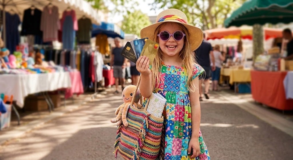 A little girl standing at a colorful market with a bag in hand and holding up credit cards. She is wearing a colorful dress, sunglasses and a sun hat.