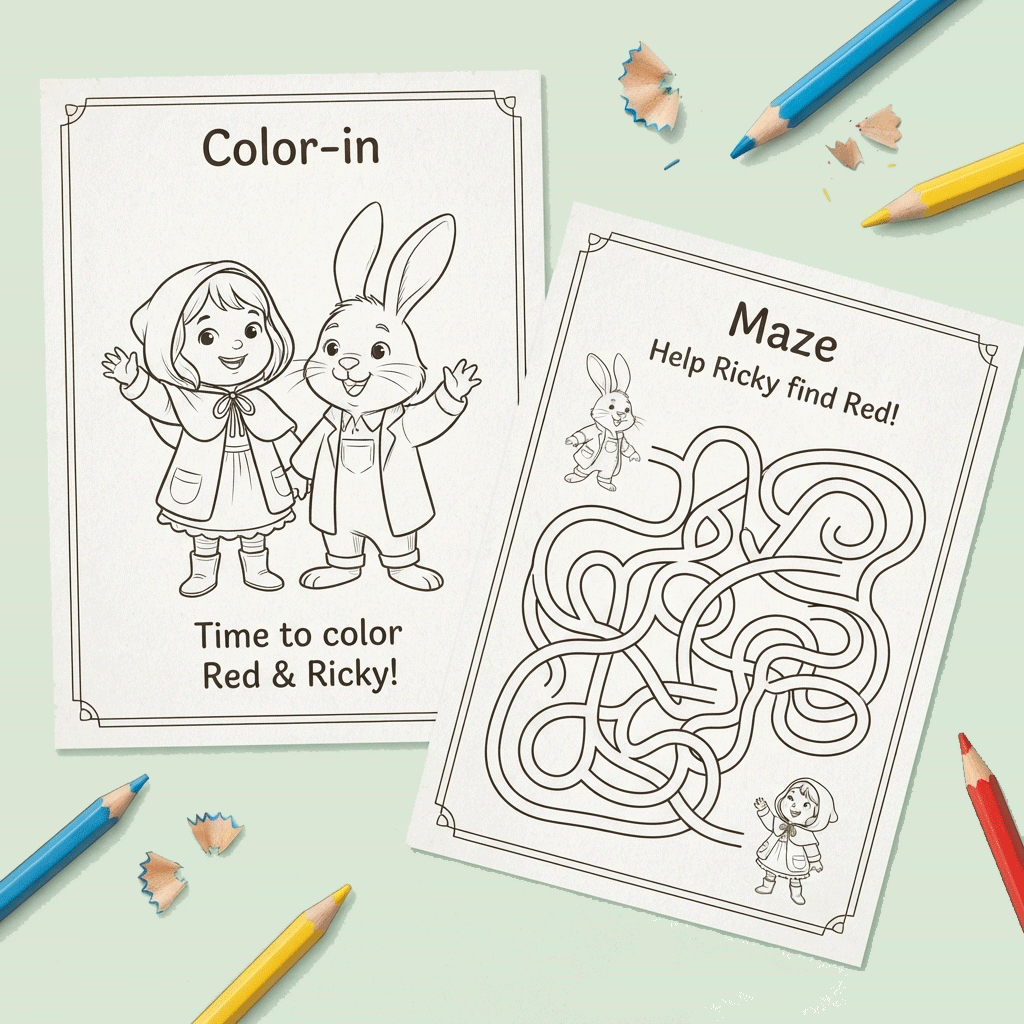 Coloring book page and a maze