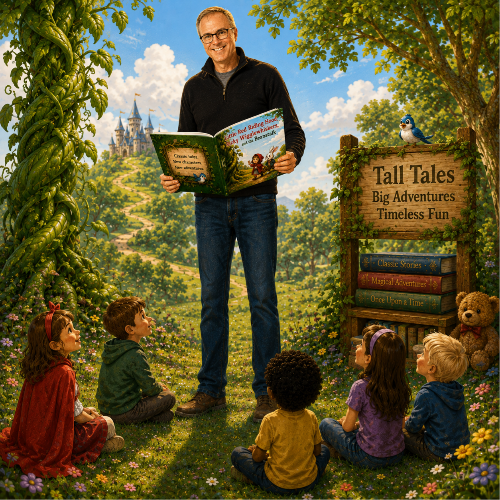Tall Mike, standing and reading to children seated on the ground in front of him