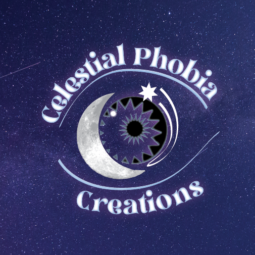 Celestial Phobia Creations logo with crescent moon and eye on stars