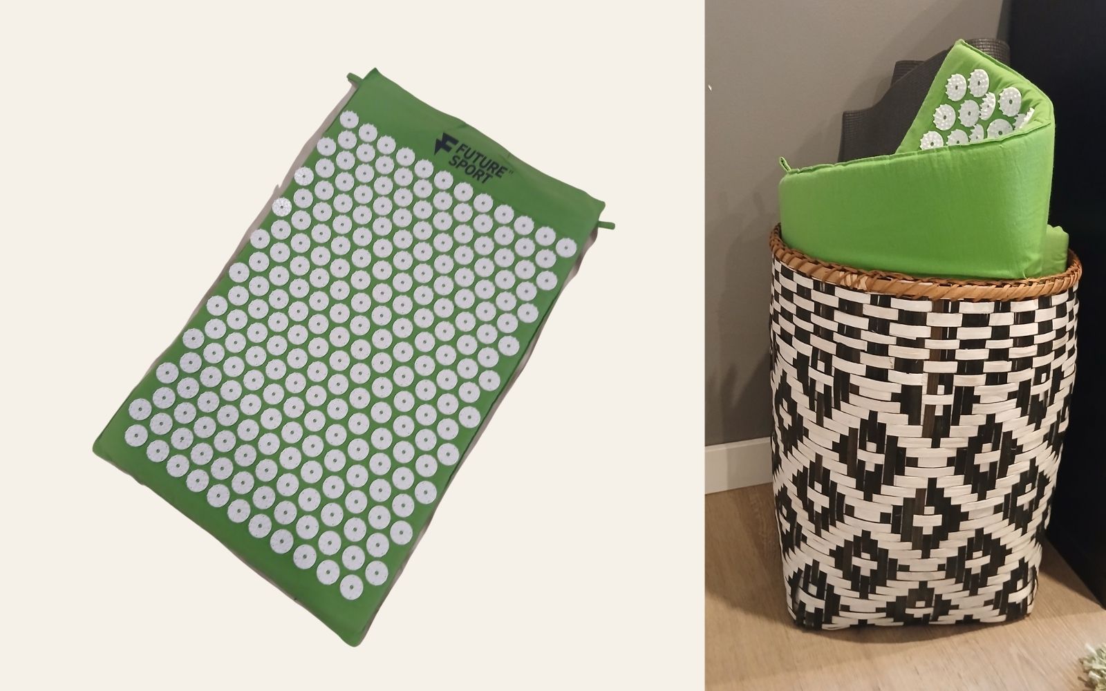 My acupressure mat and a close-up of its pressure points