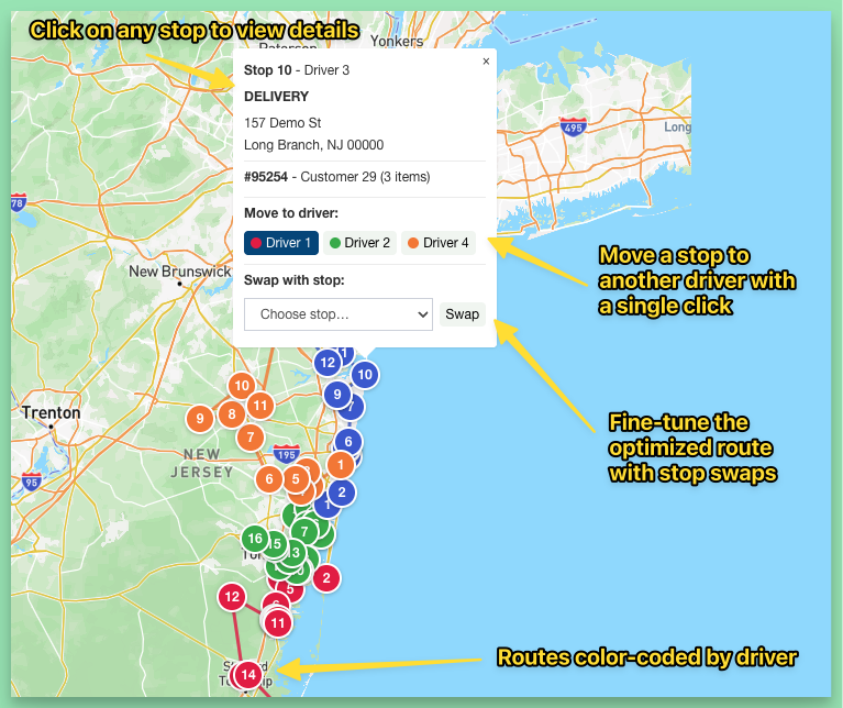 Routing map with geometry and stop move options