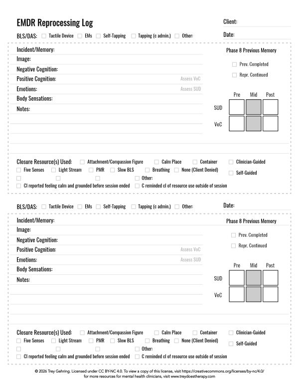 Preview image of an EMDR reprocessing session log sheet that includes necessary prompts for completing phases 3-8 of EMDR. This image links to a download page for the PDF version of this form.