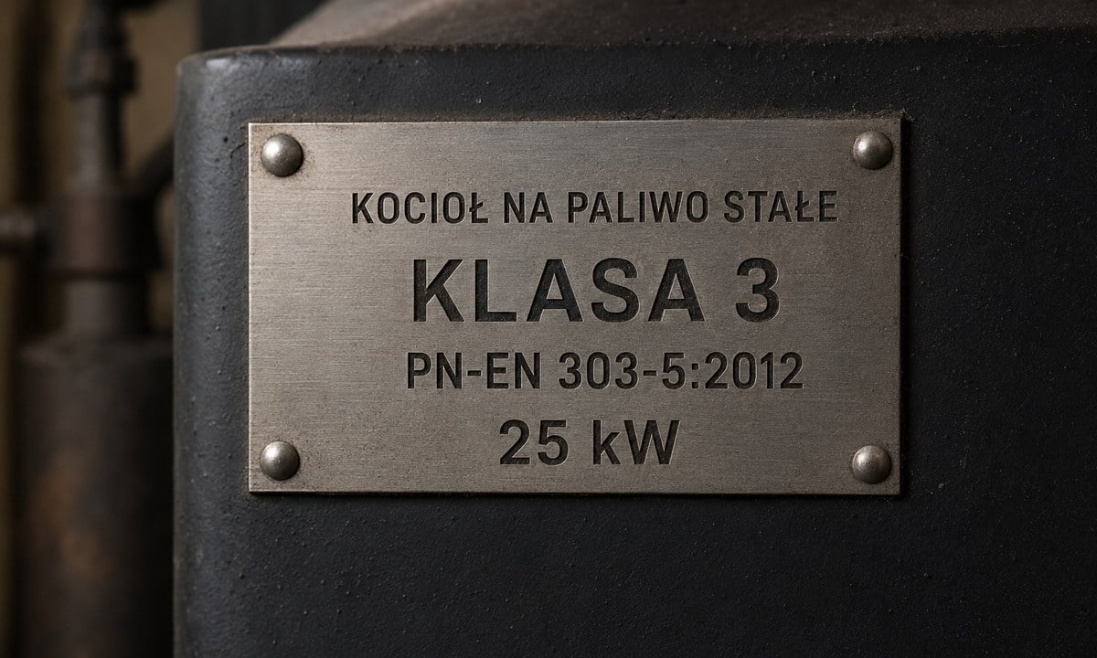 Tabliczka znamionowa kotła na paliwo stałe: KLASA 3, norma PN-EN 303-5:2012, moc 25 kW