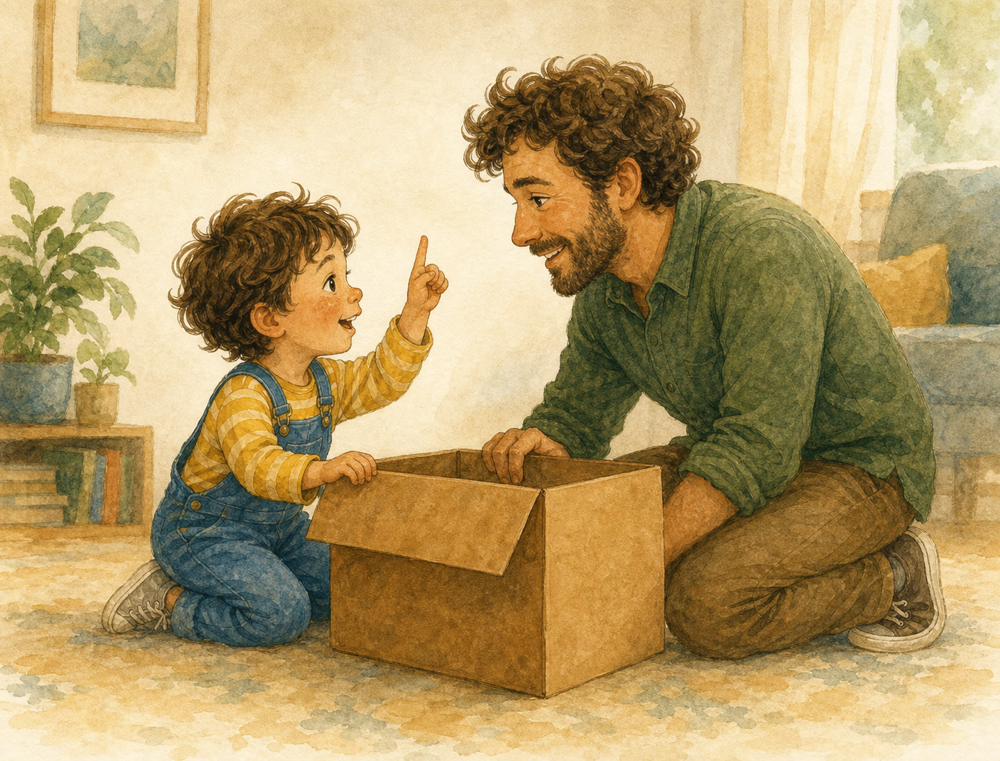 A child and caring grown-up imagine together beside an open cardboard box.