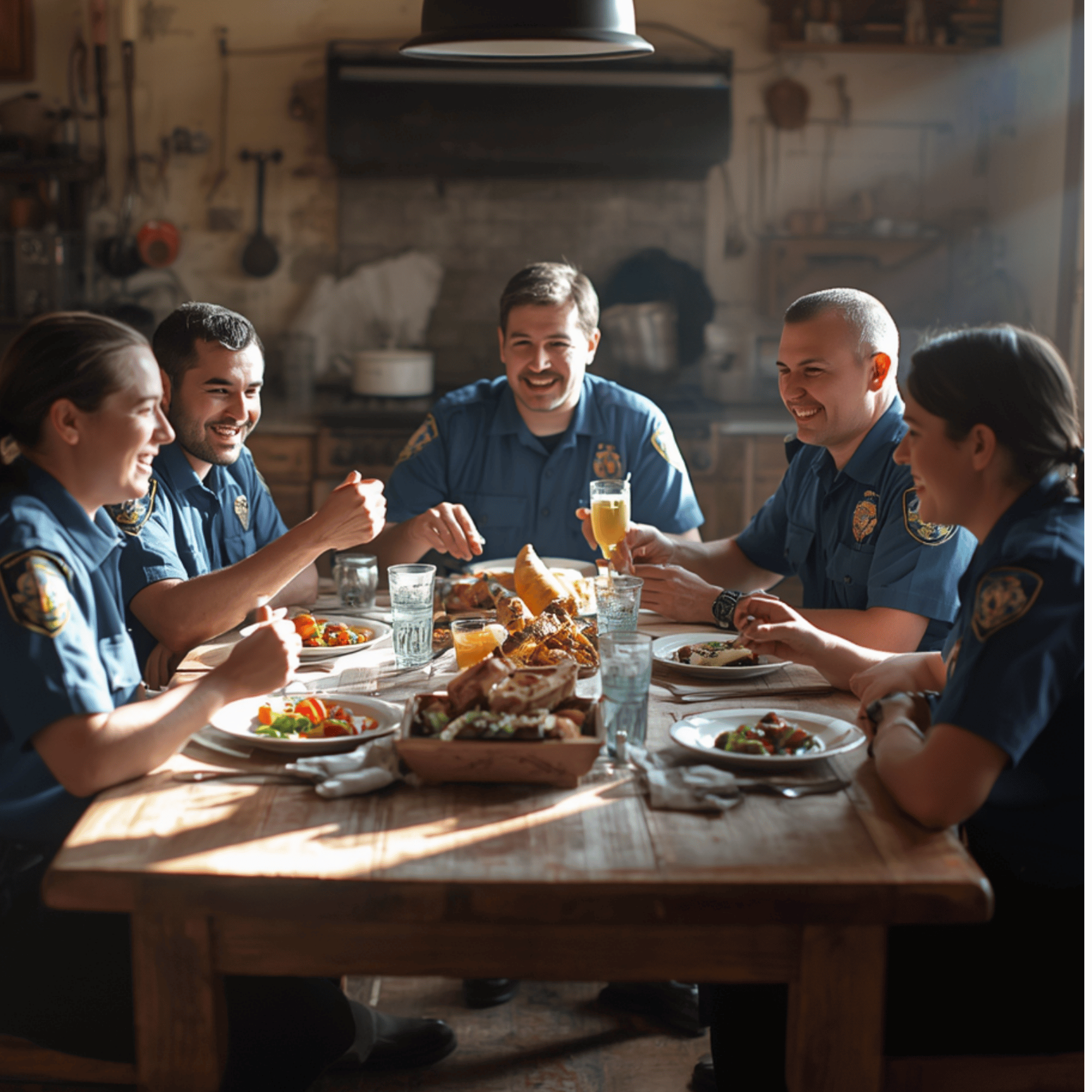 All Clear firefighters gathered around the kitchen table