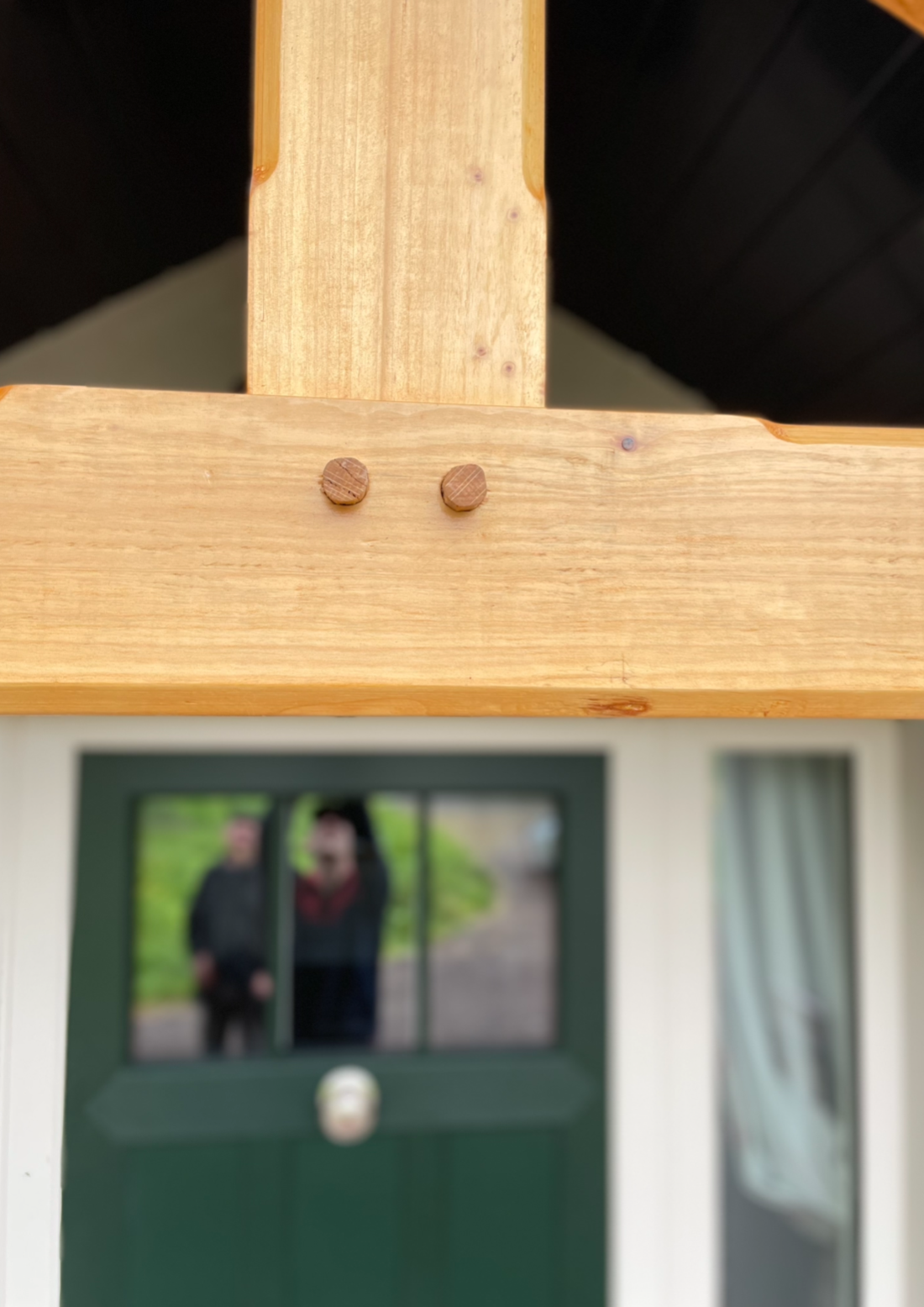 Custom porch trusses on new build by annagh designs and specialist timber architecture, custom trusses ni, traditional porch truss with woodpegs