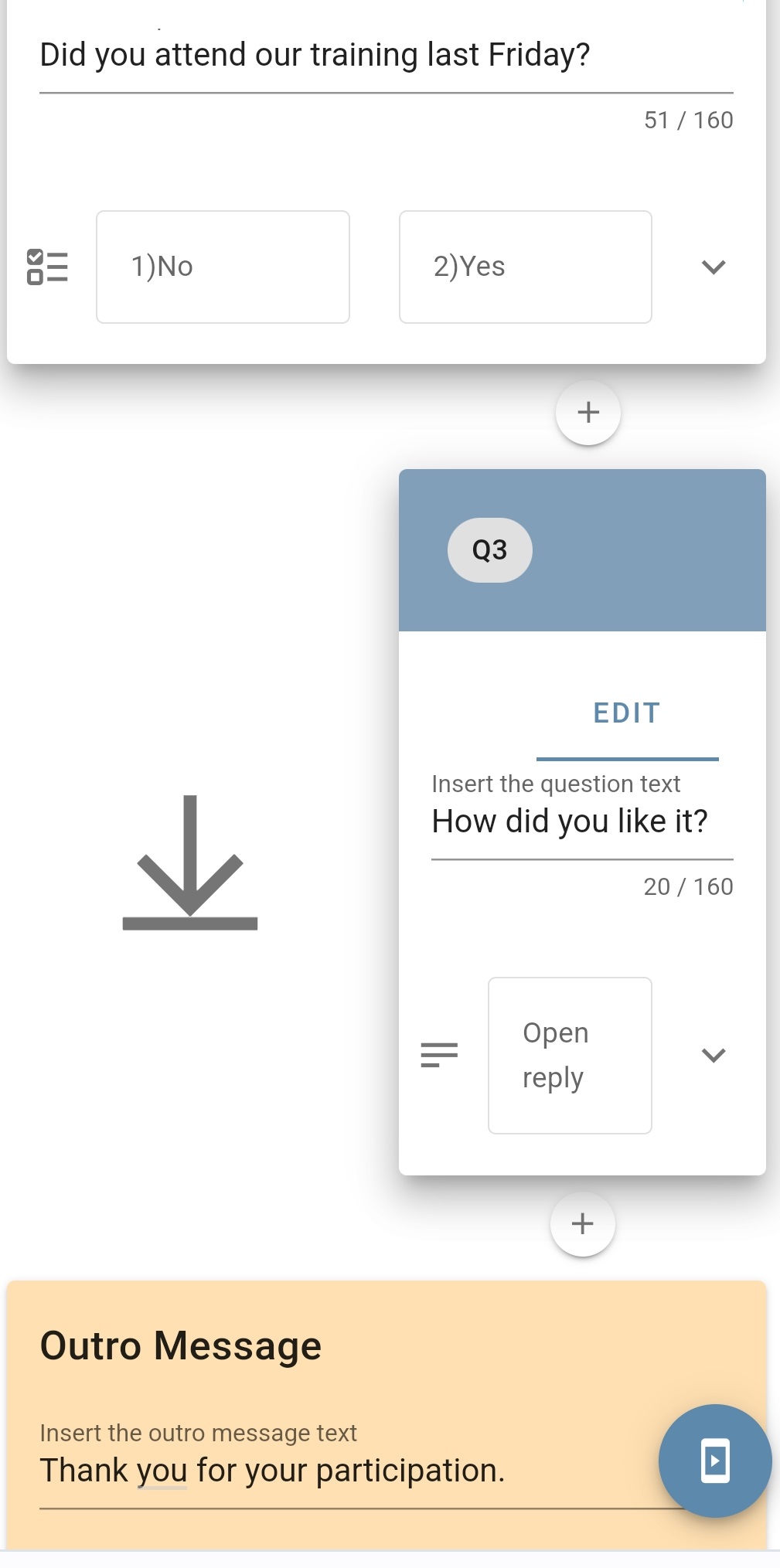 Screenshot of Impaxio's SMS and WhatsApp survey platform. Shows different questions and a logic, where one question is only shown if response to a previous question is 