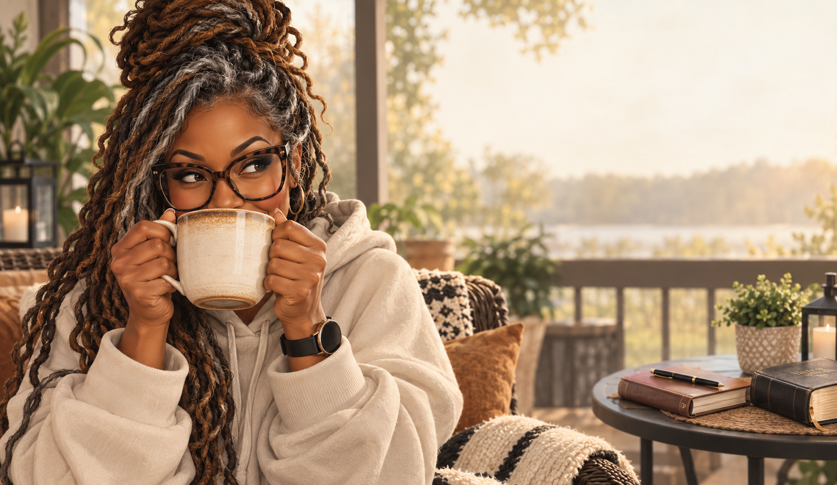 Black woman with brown and gray locs, oversized glasses, and a cozy cream hoodie peeks playfully over a large coffee mug while sitting on a warm screened patio with a journal and Bible nearby.
