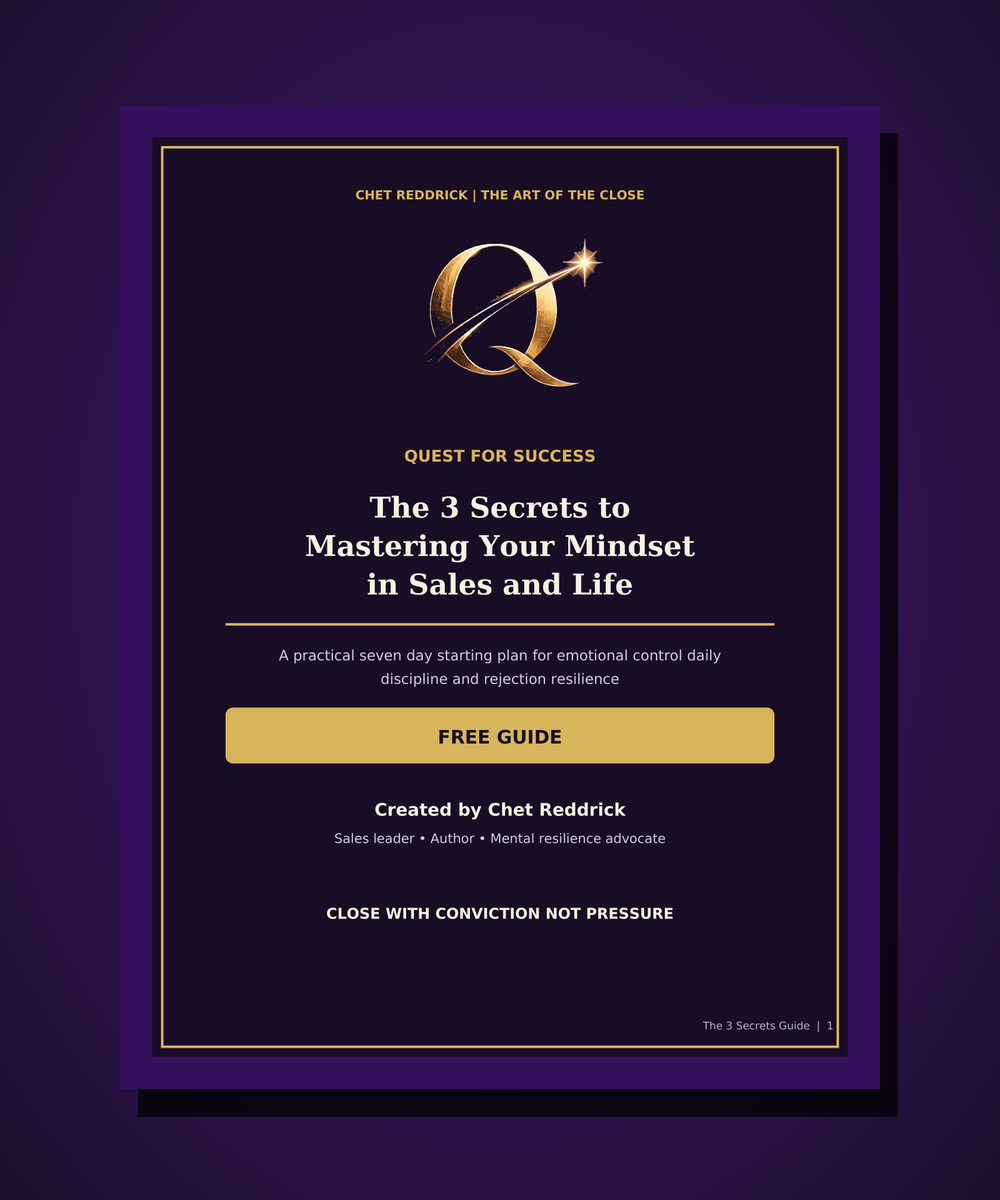 Chet Reddrick’s free guide: The 3 Secrets to Mastering Your Mindset in Sales and Life, with the Quest for Success gold Q logo.