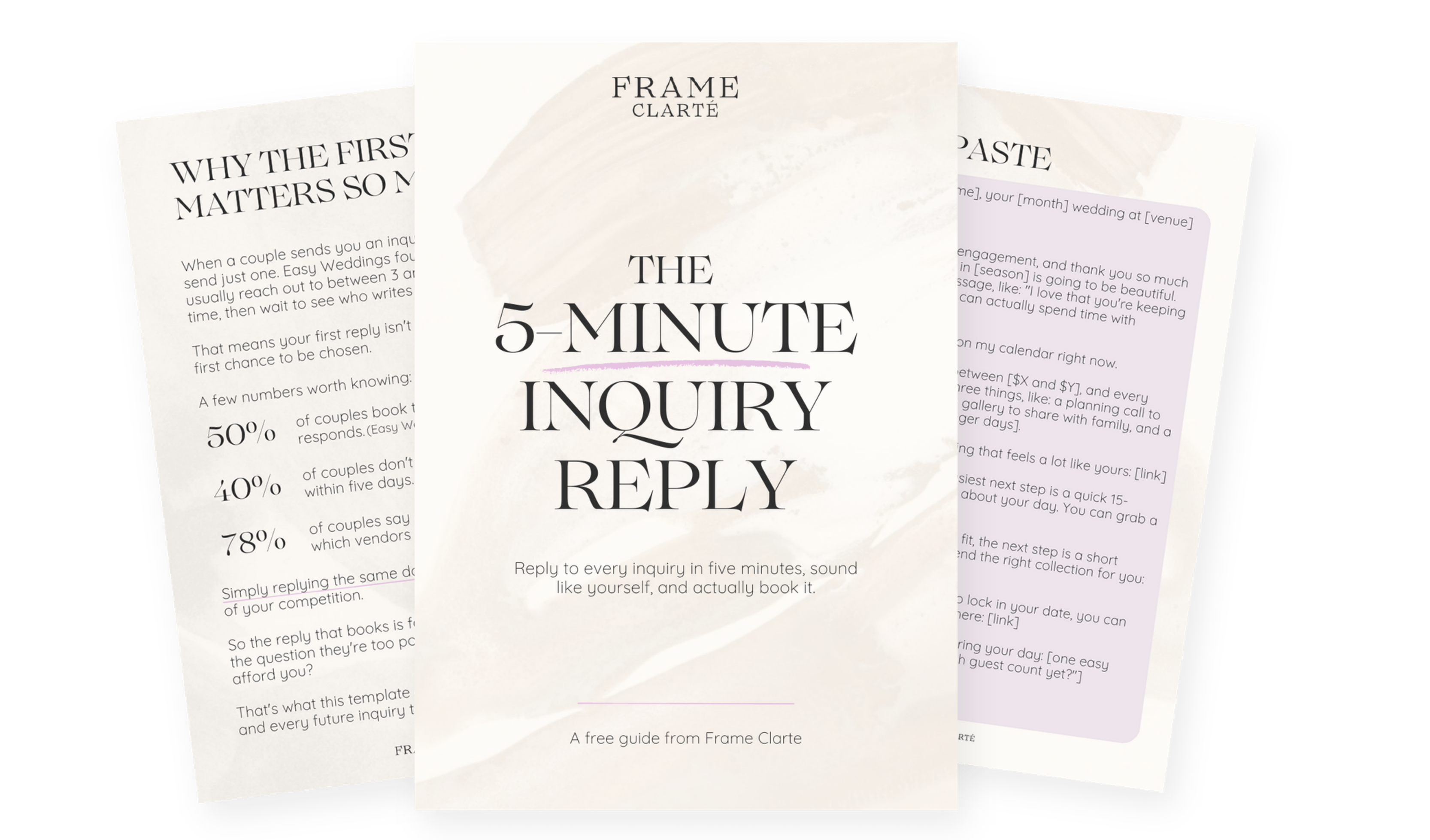 Pages from the free 5-Minute Inquiry Reply template for wedding photographers