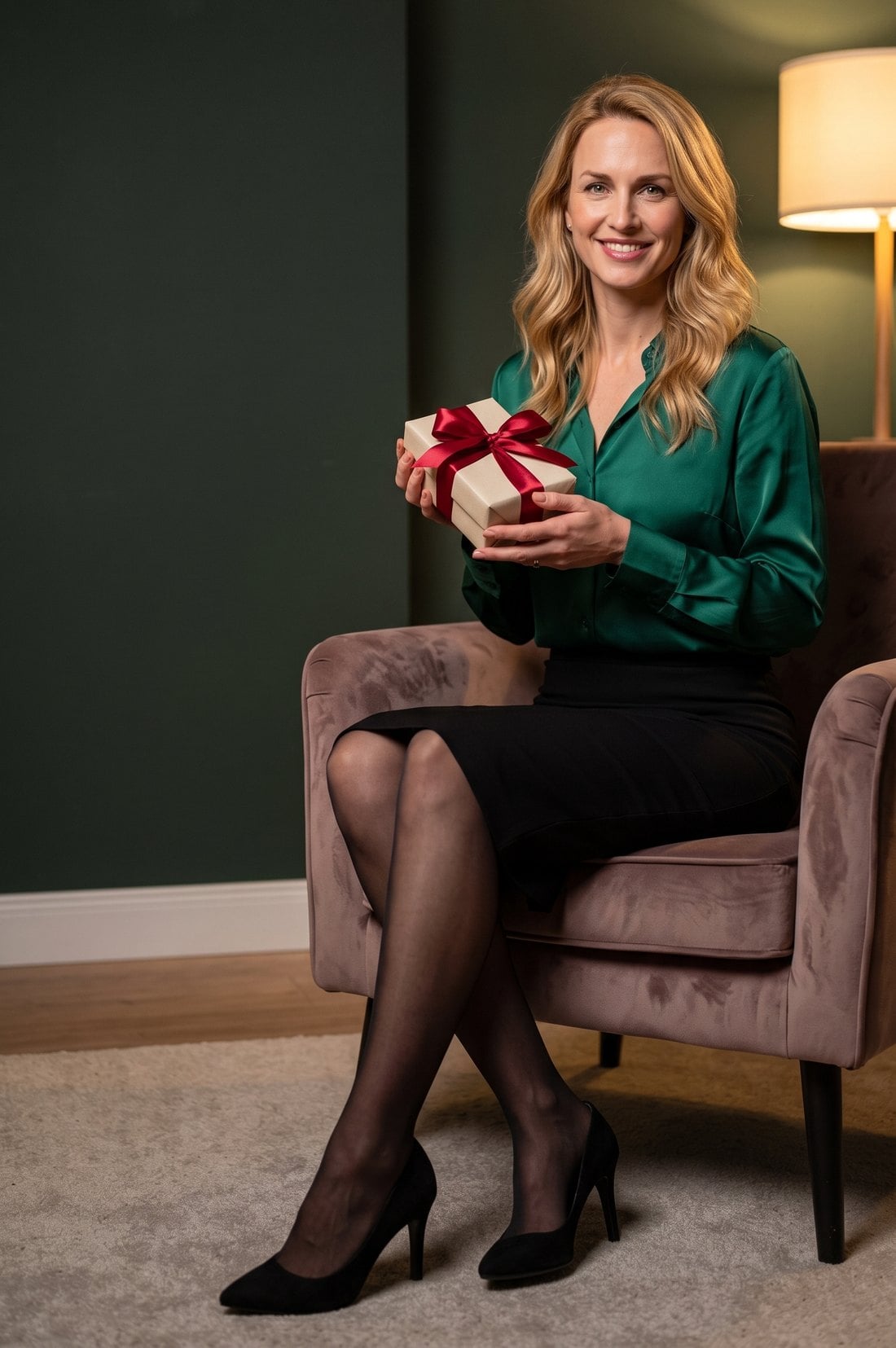Clara from Casa Calma holding a gift box with the free 5-Minute Decision Check worksheet