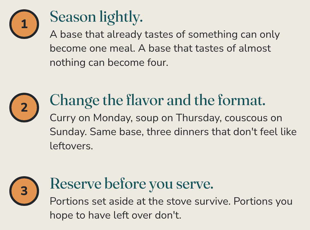 Three rules: season lightly; change the flavor and the format; reserve before you serve.