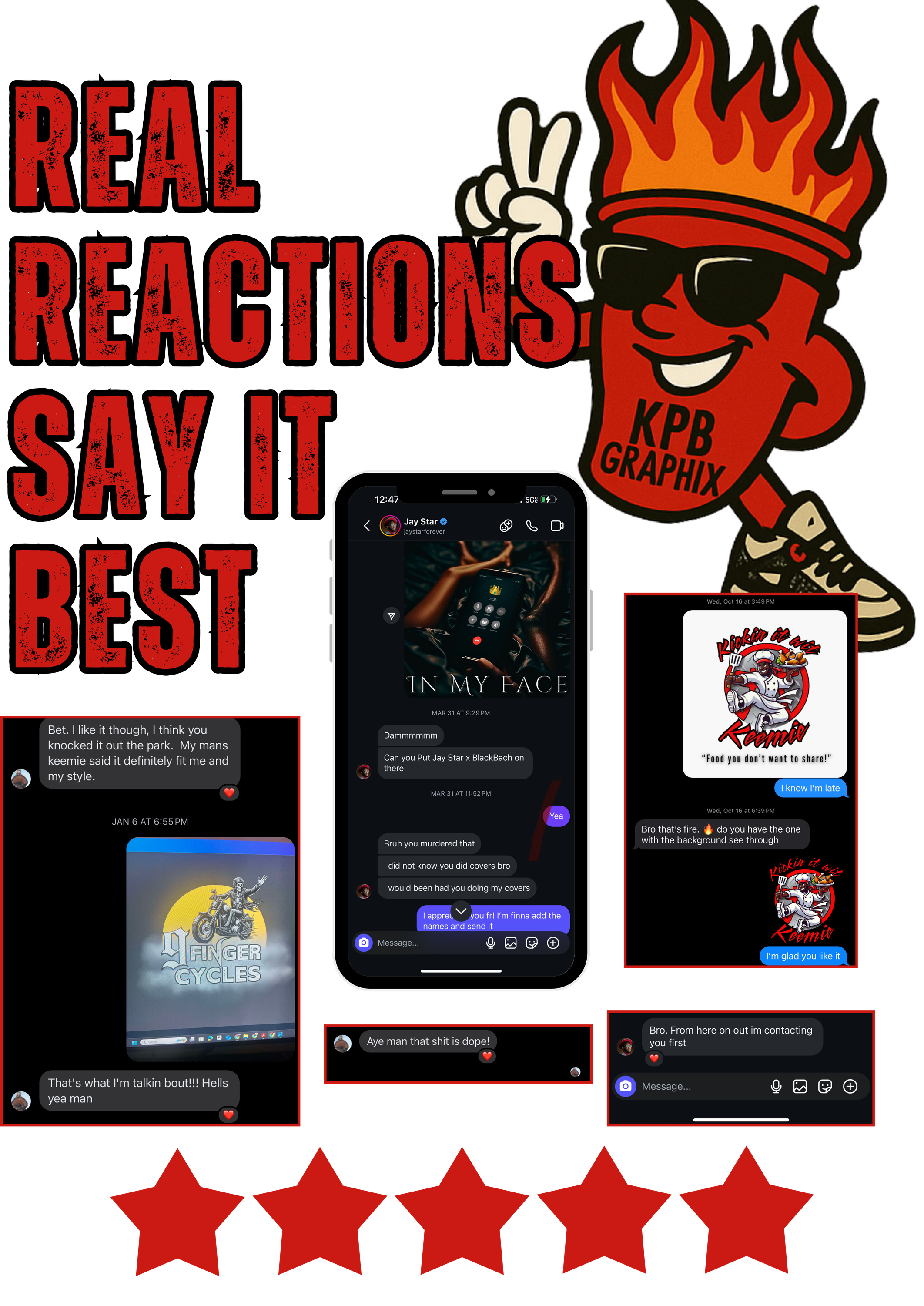 Artwork reactions and reviews for KPB Graphix clients featuring Sparky G.