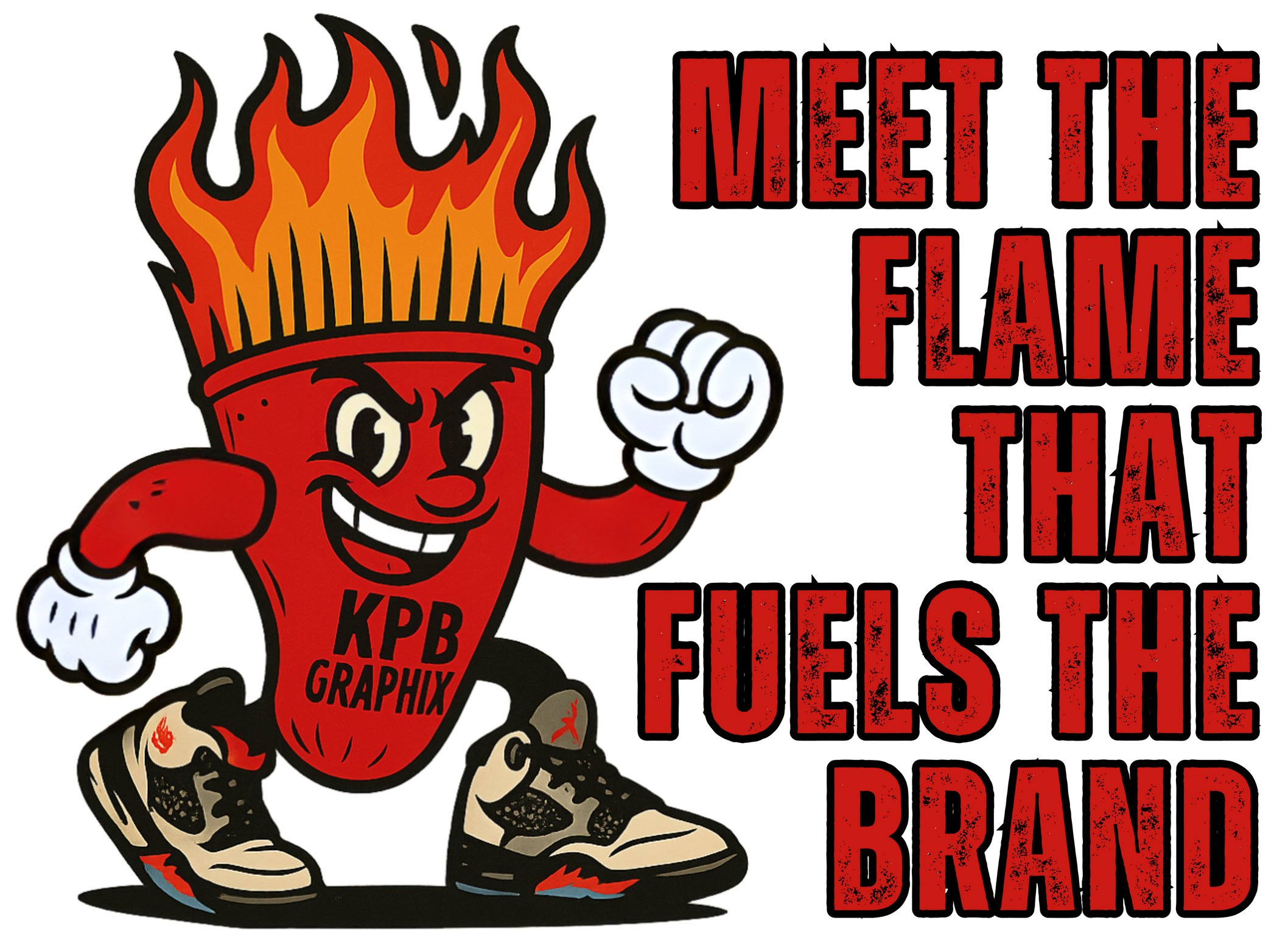 Sparky G, mascot for Memphis graphic design studio KPB Graphix, wearing sneakers with flames