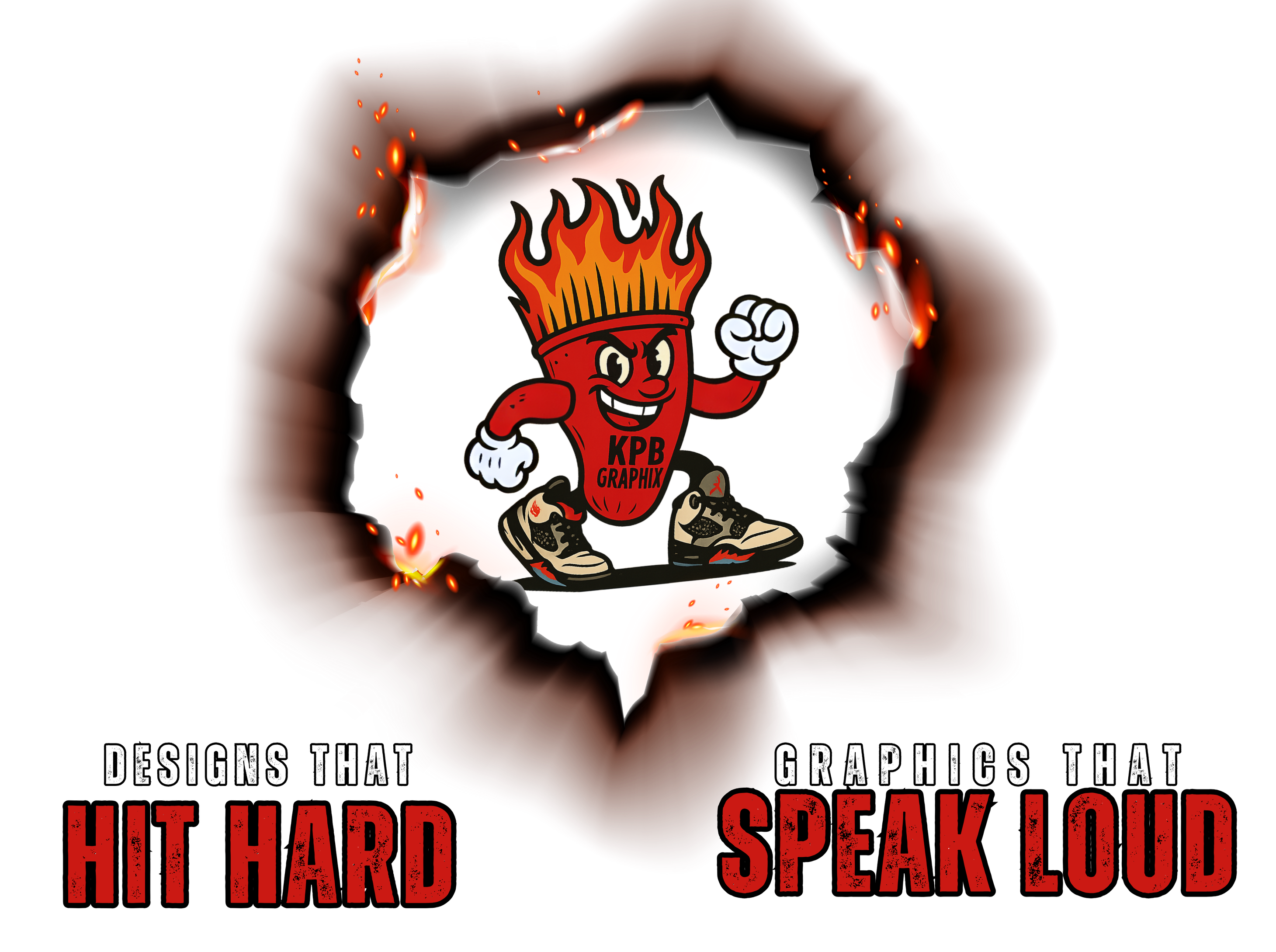 KPB Graphix mascot Sparky G, a fiery cartoon character representing Memphis graphic design studio.