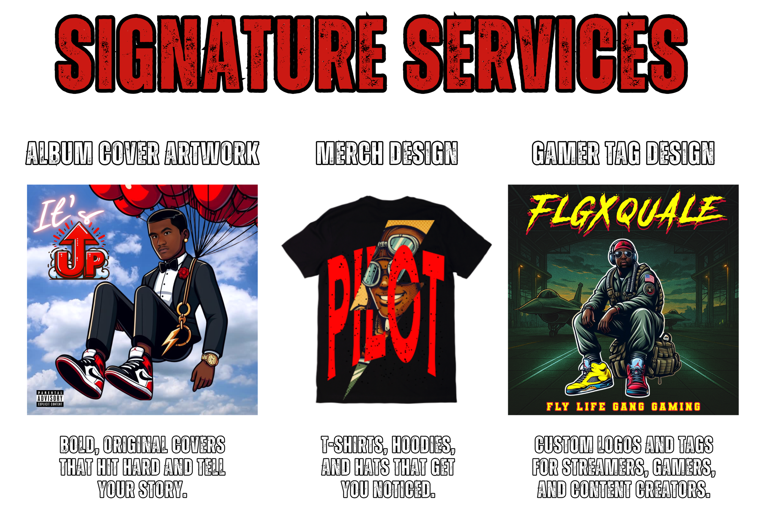 Signature services for KPB Graphix including album artwork, merch design and gamer tag design.