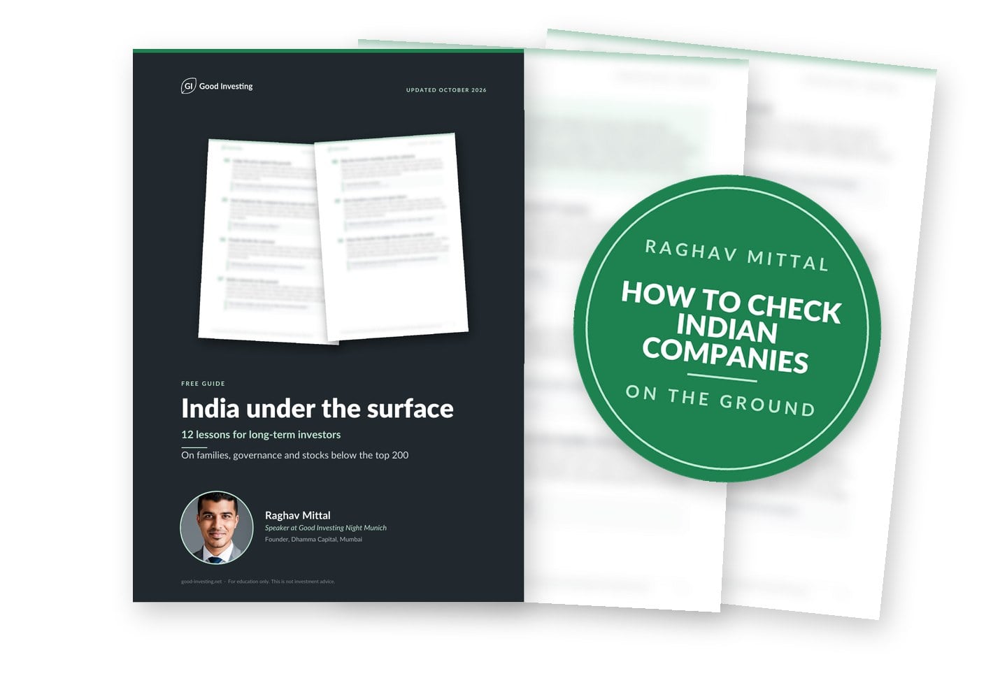Blurred preview of the guide India under the surface, with lessons from Raghav Mittal. Seal: How to check Indian companies on the ground