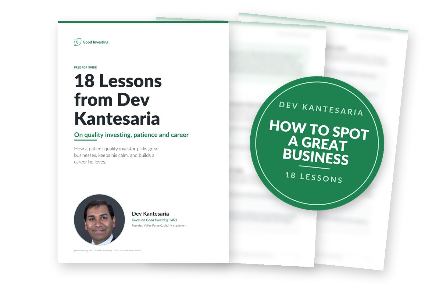 Blurred preview of the free PDF 18 Lessons from Dev Kantesaria. Seal: How to spot a great business