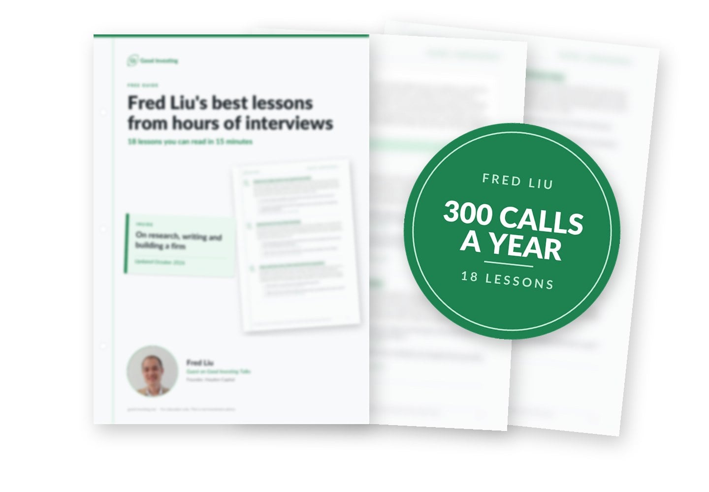 Blurred preview of the guide 18 Lessons from Fred Liu. Seal: 300 calls a year