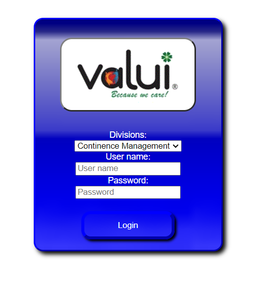 The login mask of the Valui Online Ordering System. The Valui logo on top, masks for User name and Password on the bottom above a login button.