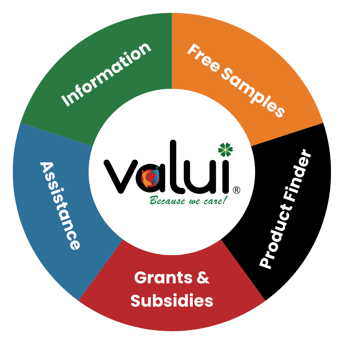 A chart with the Valui logo in the centre and counterclockwise the five equal parts Information, Assistance, Grants & Subsidies, Product Finder, and Free Samples in the colours of the logo.