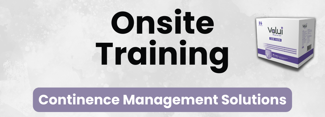 The Words Onsite Training and Continence Management Solutions in a banner with a box of Valui continence aids.