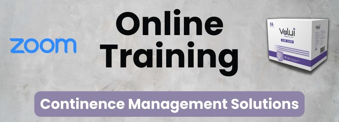 The words Online Training and Continence Management Solutions in the centre of the banner, the zoom logo on the left, a box of valui continence aids on the right.