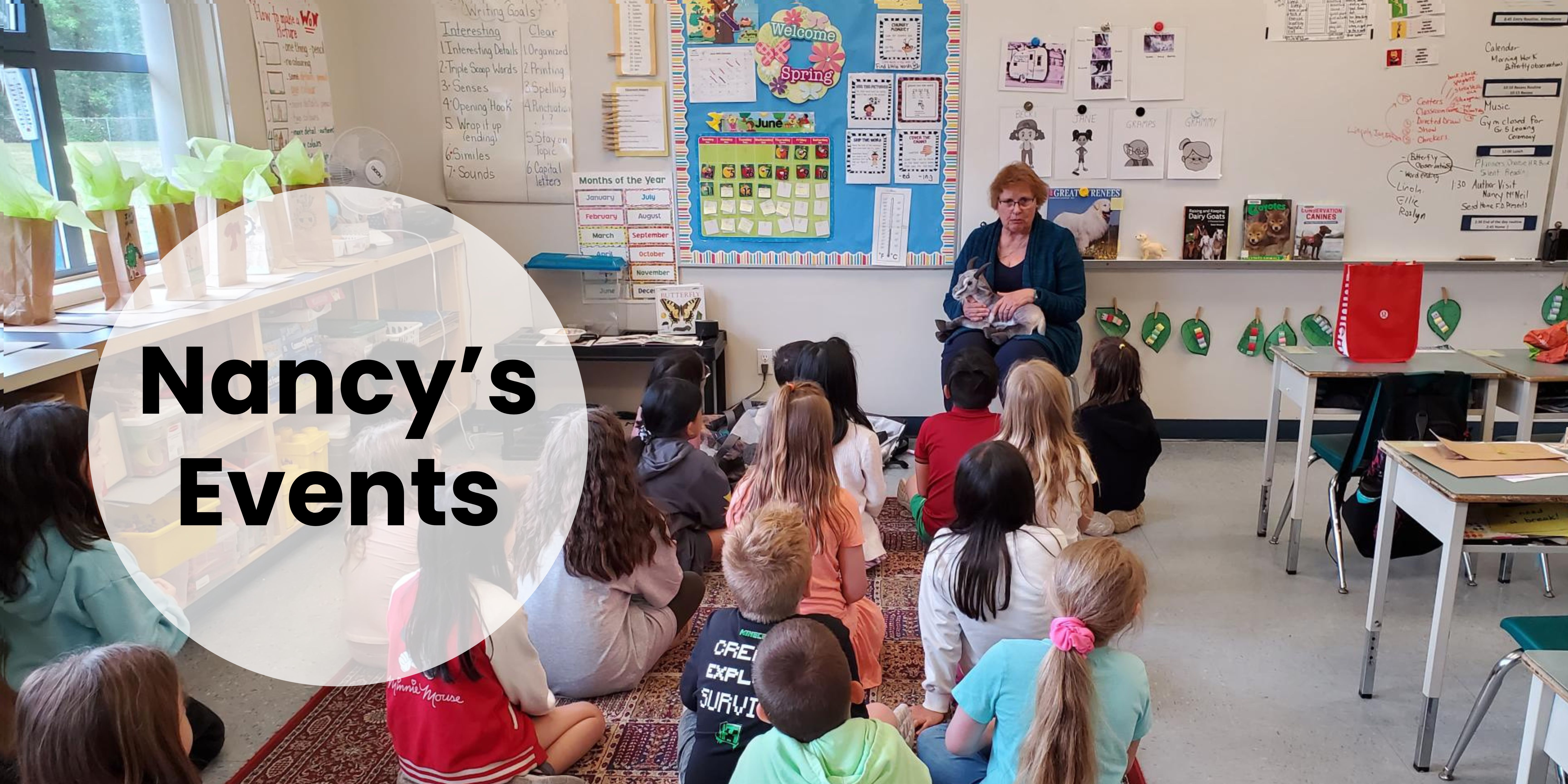 Nancy McNeil doing a school visit to promote her kids book about baby goats.