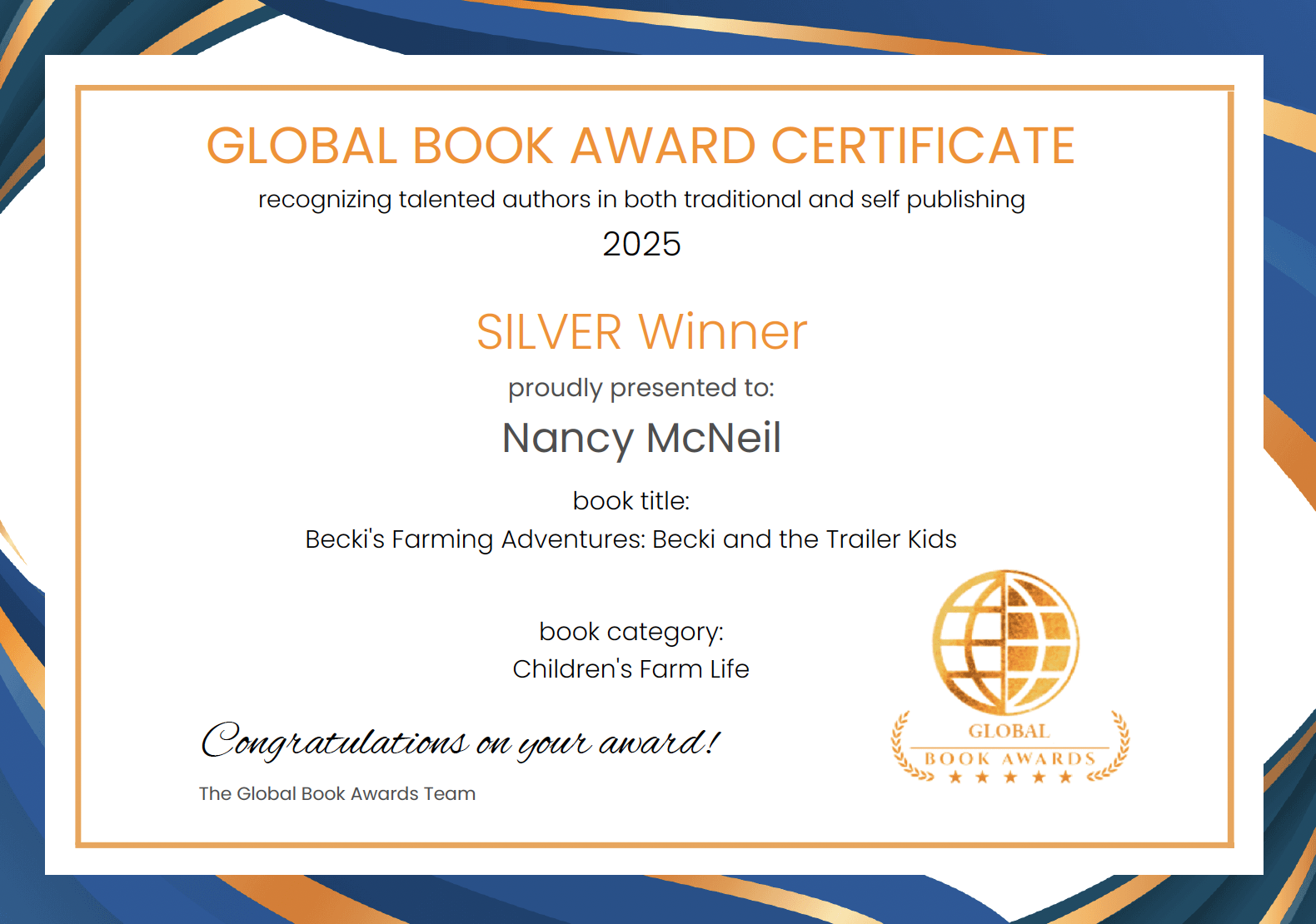 Global Book Award, Silver Medal for Children's Farm Life