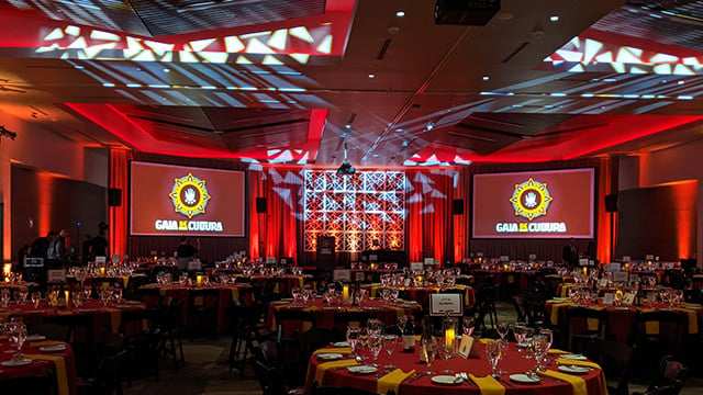 Upights and projected patters in red, white, and gold create a dramatic effect for a nonprofit gala.