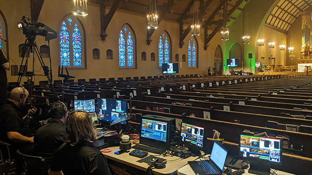 The AV Department live event production team prepares for the Oregon Episcopal School 2023 Commencement at Trinity Cathedral in Portland, Oregon