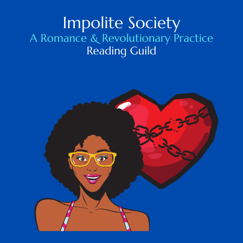 Line drawing of a medium brown-skinned Black woman, wearing yellow glasses and hot pink lipstick, against a bright blue background. Behind her and slightly to the right is a large red heart, outlined in black. Inside the heart, in white font, are the words 