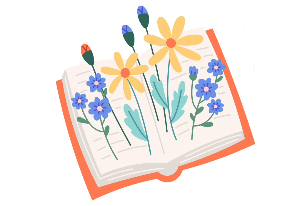 A different open book with more flowers coming out of it.