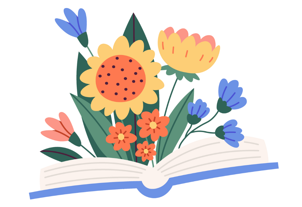 Illustration of open book with flowers coming out of spine