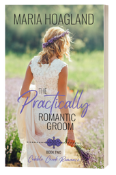 Young blonde bride with flower head wreath holding up her bridal gown in a field of lavender and holding a bouquet of freshly picked flowers. 