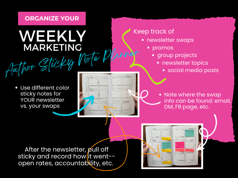 Organize your weekly marketing. Author Sticky Note Planner. Use different colored sticky notes for your newsletter vs. your swaps. After the newsletter, pull off sticky, and record how it went--open rates, accountability, etc. Keep track of newsletter swaps, promos, group projects, newsletter topics, social media posts. Note where the swap info can be found: email, DM, FB group, etc.