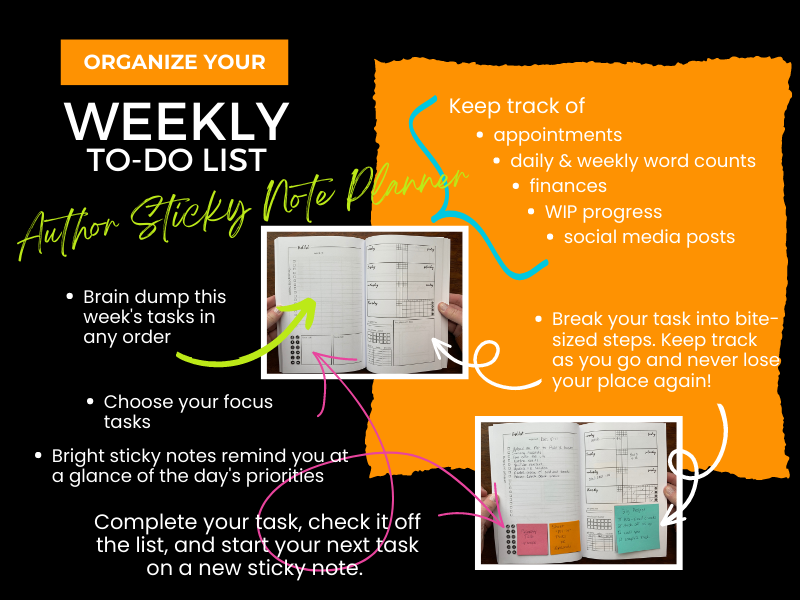 Organize your weekly to-do list. Author Sticky Note Planner. Brain dump this week's tasks in any order. Choose the day's focus tasks. Bright sticky notes catch your eye and keep you focused on the day's focus task. Complete your task, check it off the list, and start your next task on a new sticky note. Keep track of: appointments, daily and weekly word counts, finances, WIP progress, social media posts. Break your task into bite-sized steps. Keep track as you go and never lose your place again!
